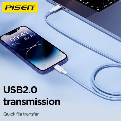 Blue PISEN QUICK 27W braided cable connecting an iPhone to a laptop, USB 2.0 file transfer