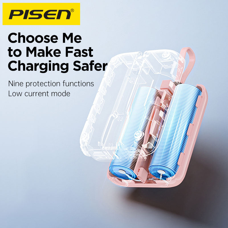 Transparent view of pink PISEN QUICK 30W mini power bank TS-D373 showing battery cells and nine protection functions