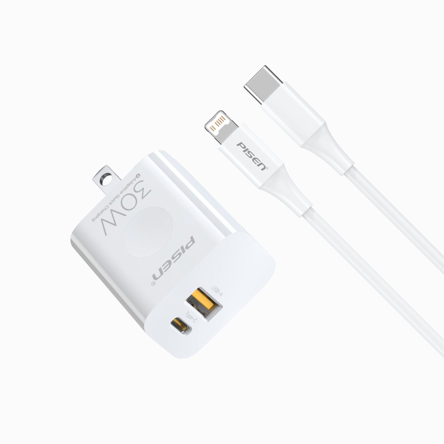 PISEN QUICK 30W dual-port wall charger TS-C171 with a USB-C to Lightning cable, ports visible