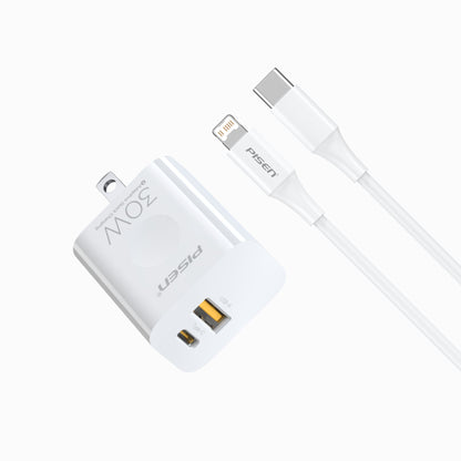PISEN QUICK 30W dual-port wall charger TS-C171 with a USB-C to Lightning cable, ports visible