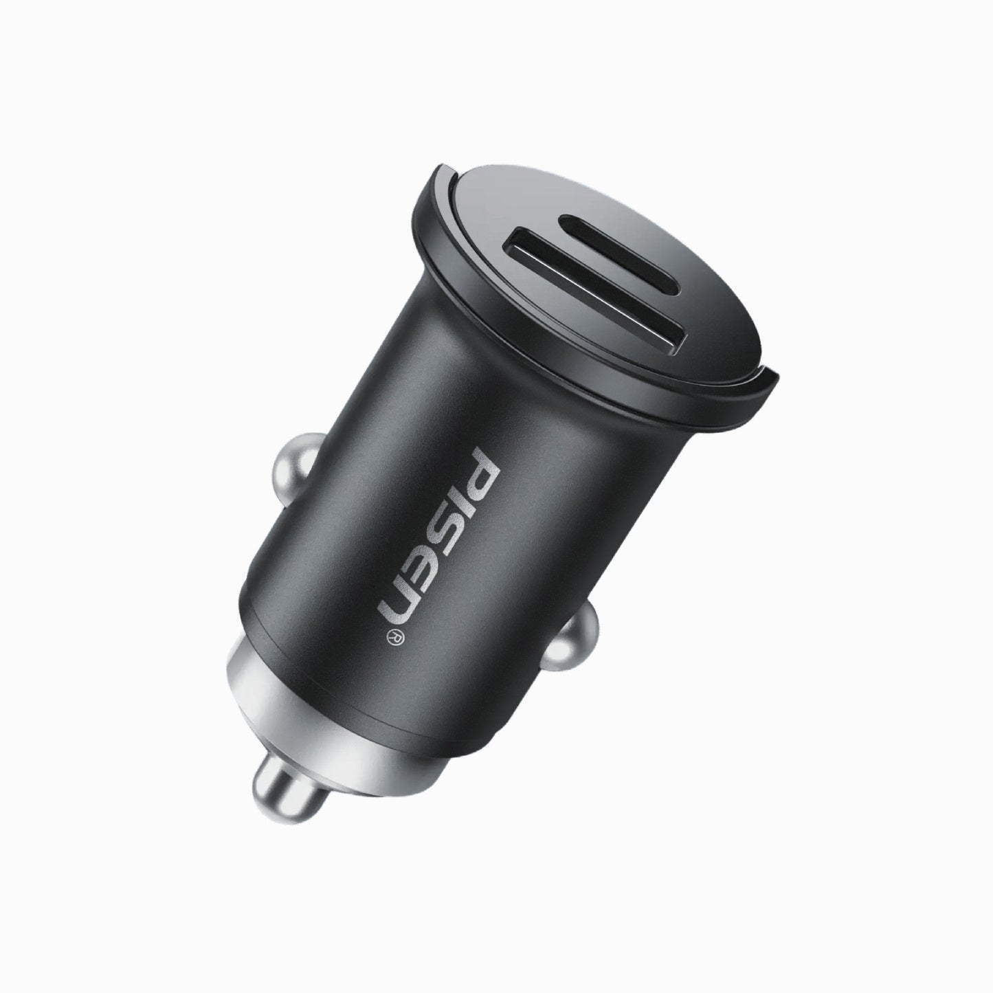 Angled view of black PISEN QUICK 30W mini car charger TP-C73 showing dual ports and spring contacts