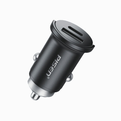 Angled view of black PISEN QUICK 30W mini car charger TP-C73 showing dual ports and spring contacts