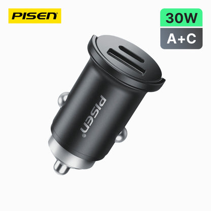 PISEN QUICK 30W mini car charger TP-C73 in black metal, USB-C and USB-A ports on top