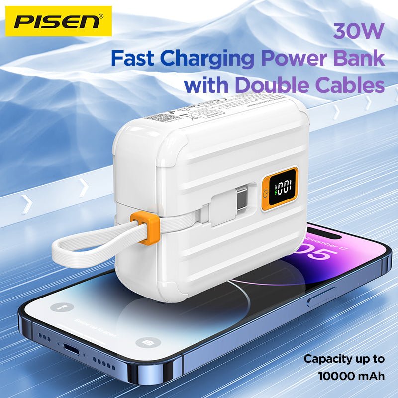 PISEN QUICK 30W Mini Power Bank 10000mAh – Fast Charger with Display & Built-In Cables (TS-D364) - Pro iPhone Repair