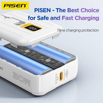 PISEN QUICK 30W Mini Power Bank 10000mAh – Fast Charger with Display & Built-In Cables (TS-D364) - Pro iPhone Repair