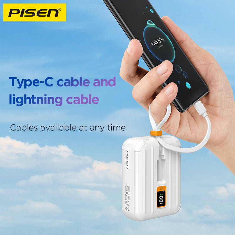 PISEN QUICK 30W Mini Power Bank 10000mAh – Fast Charger with Display & Built-In Cables (TS-D364) - Pro iPhone Repair