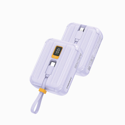 PISEN QUICK 30W mini 10000mAh power bank TS-D364 in purple, front and back with display and built-in cables