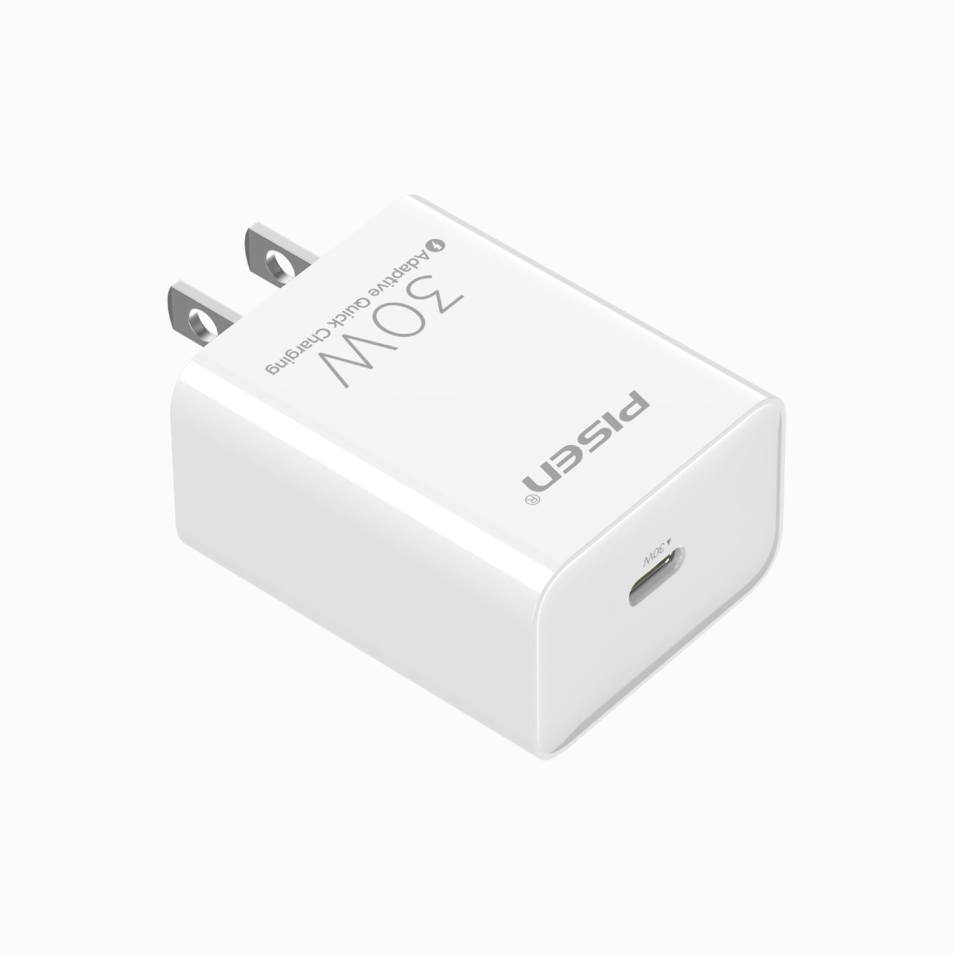 Angled view of PISEN QUICK 30W PD wall charger TS-C160 showing the single USB-C port and folded US plug