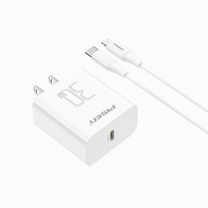 PISEN QUICK 30W USB-C wall charger TP-C29 with a USB-C to Lightning cable