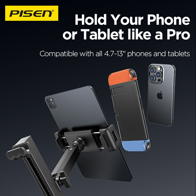 PISEN rear-seat holder compatibility graphic with iPad, game console, and iPhone, 4.7 to 13 inch devices