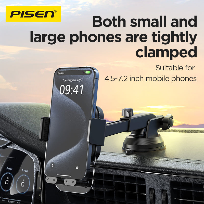 PISEN Robot Arm dashboard mount clamping an iPhone, fits 4.5 to 7.2 inch phones large or small