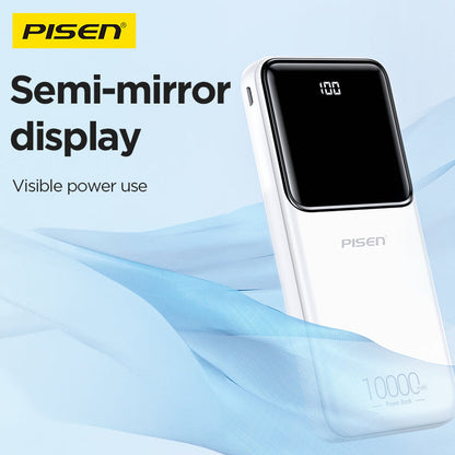 Close view of the PISEN power bank's semi-mirror digital display showing remaining battery percentage