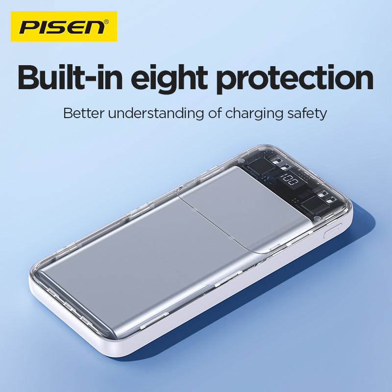 Transparent internal view of the PISEN Semi-Mirror power bank illustrating built-in eight-layer charging protection