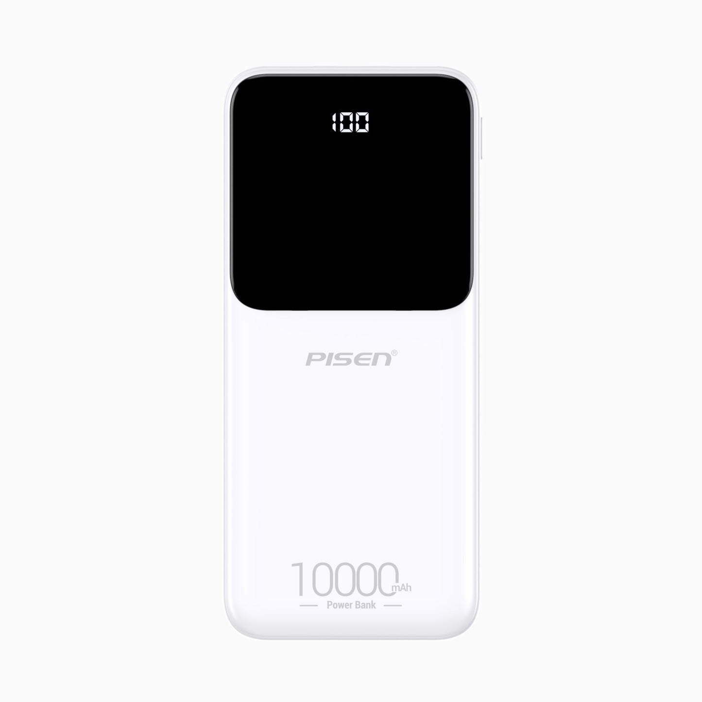 PISEN Semi-Mirror 10W 10000mAh slim power bank in white, front view showing mirrored display panel