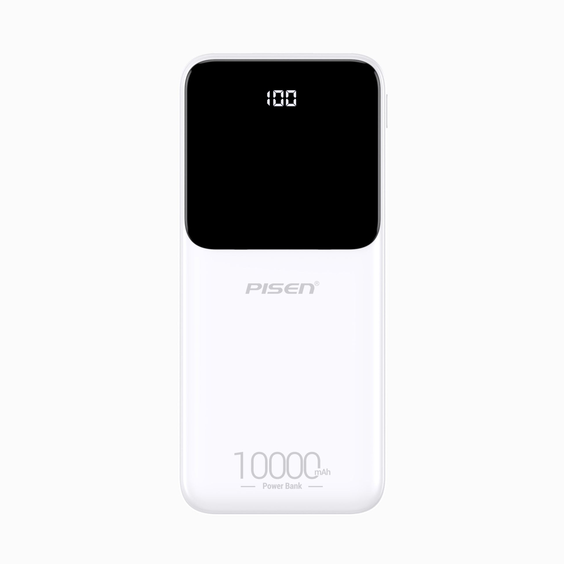 PISEN Semi-Mirror 10W 10000mAh slim power bank in white, front view showing mirrored display panel
