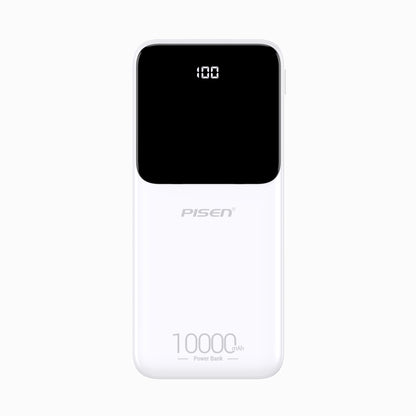 PISEN Semi-Mirror 10W 10000mAh slim power bank in white, front view showing mirrored display panel