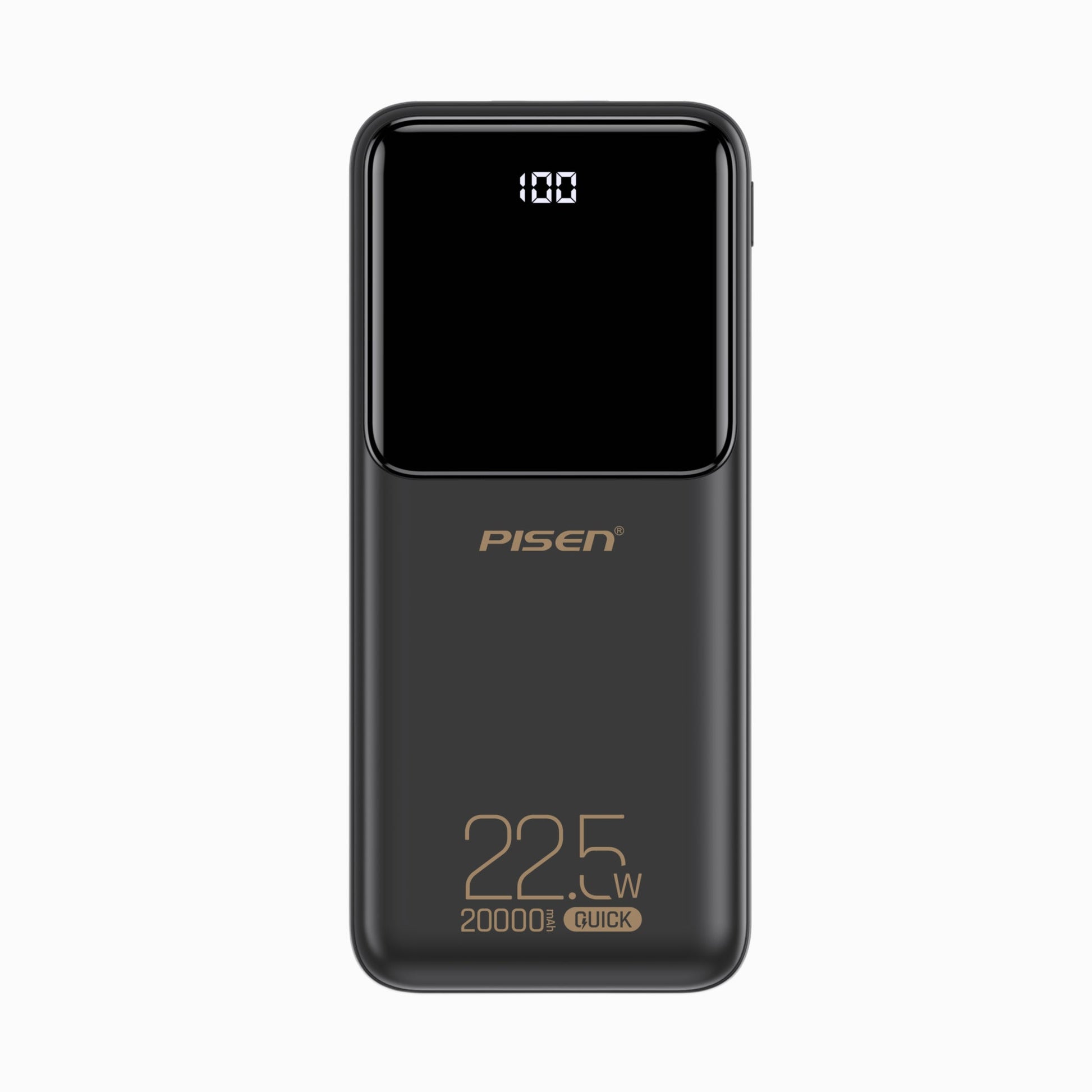 PISEN Semi-Mirror 22.5W 20000mAh power bank in black, front view with mirrored LED display