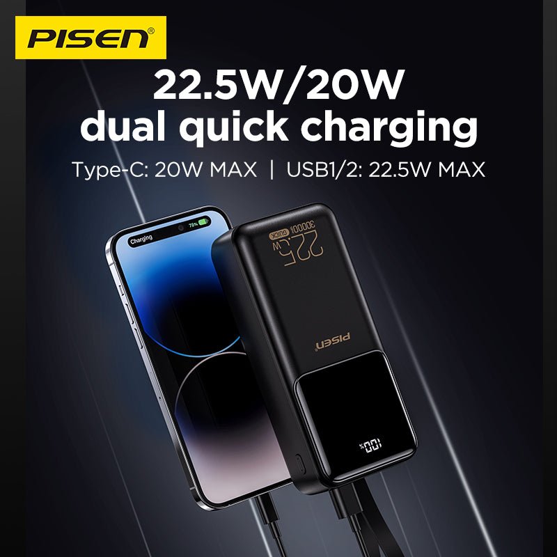 PISEN Semi-Mirror 22.5W Power Bank 30000mAh – High-Capacity Fast Portable Charger (TP-D040) - Pro iPhone Repair