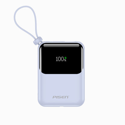 PISEN Sunny Power 22.5W 10000mAh mini power bank in light blue with lanyard, front view