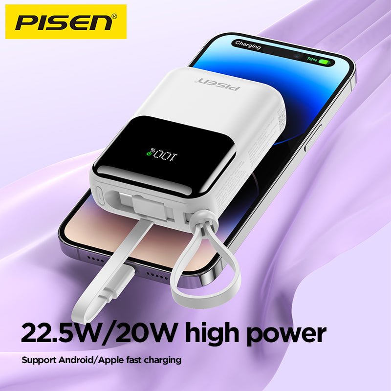 PISEN Sunny Power 22.5W Mini Power Bank 10000mAh – Compact Charger with Two Built-In Cables (TP-D096) - Pro iPhone Repair