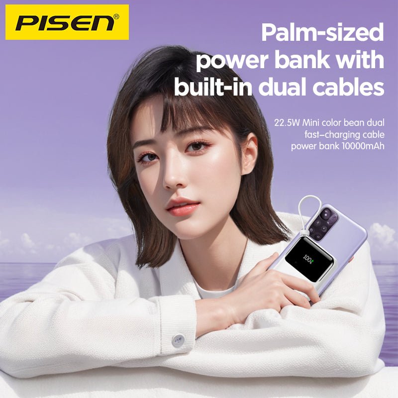 PISEN Sunny Power 22.5W Mini Power Bank 10000mAh – Compact Charger with Two Built-In Cables (TP-D096) - Pro iPhone Repair