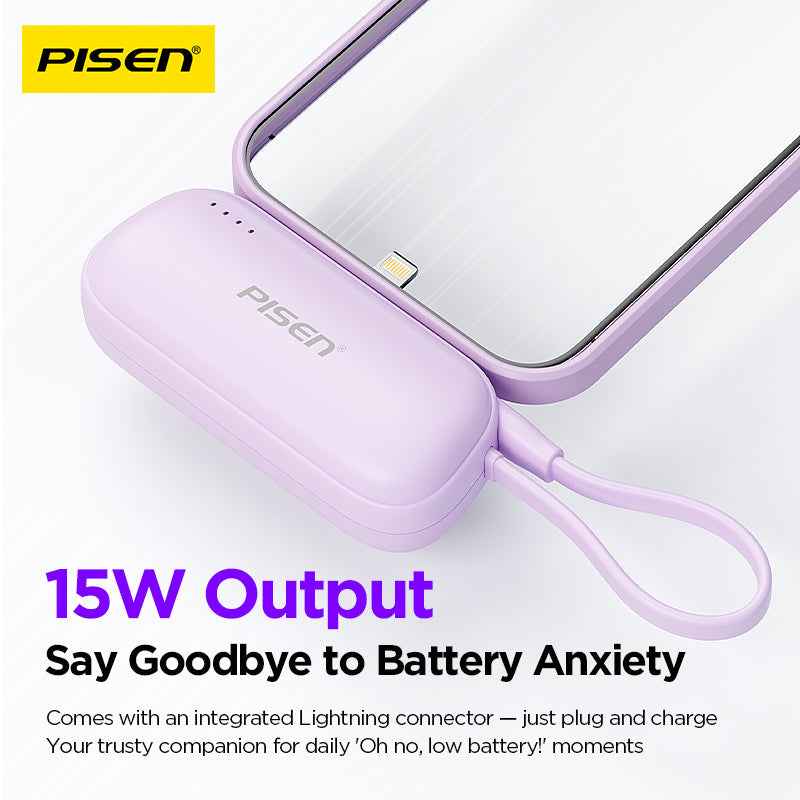 Purple PISEN Tiny 15W power bank TP-D180 with integrated Lightning connector plugging into an iPhone