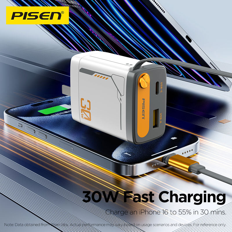 PISEN TP-C82 30W GaN charger fast-charging an iPhone via USB-C, with USB-C and USB-A ports visible