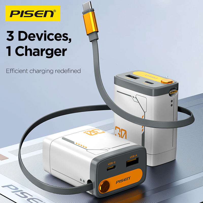 Two PISEN TP-C82 chargers showing USB-C and USB-A ports plus retractable cable for charging 3 devices