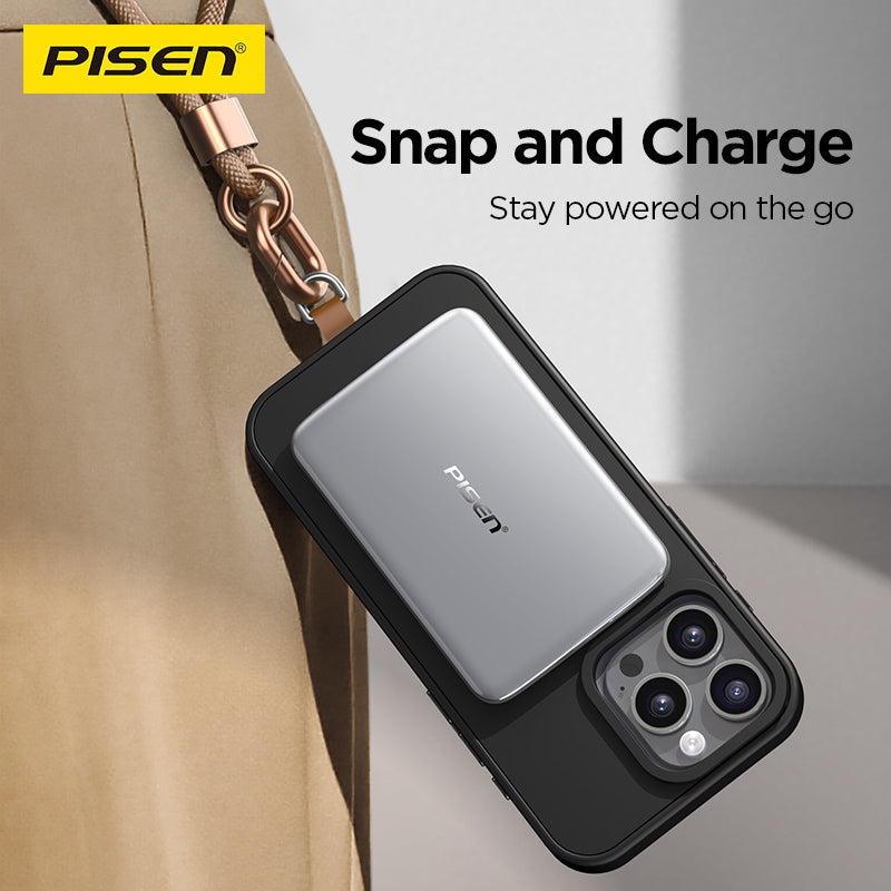 Silver PISEN Ultra-Slim magnetic power bank snapped onto the back of an iPhone with lanyard strap