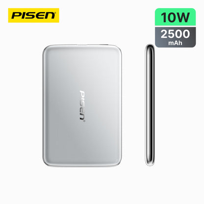 PISEN Ultra-Slim magnetic 2500mAh 10W wireless power bank TS-LDC06 in silver, front and slim side view