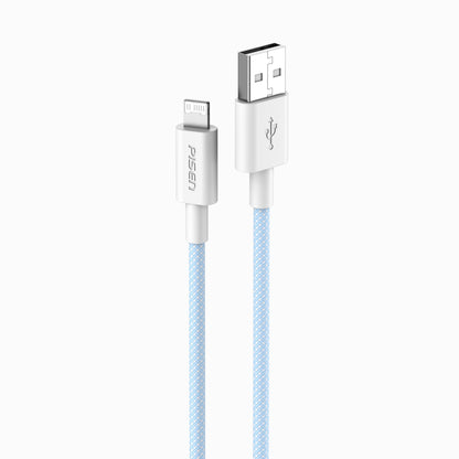Light blue PISEN AL34 braided Lightning cable showing USB-A and Lightning connectors