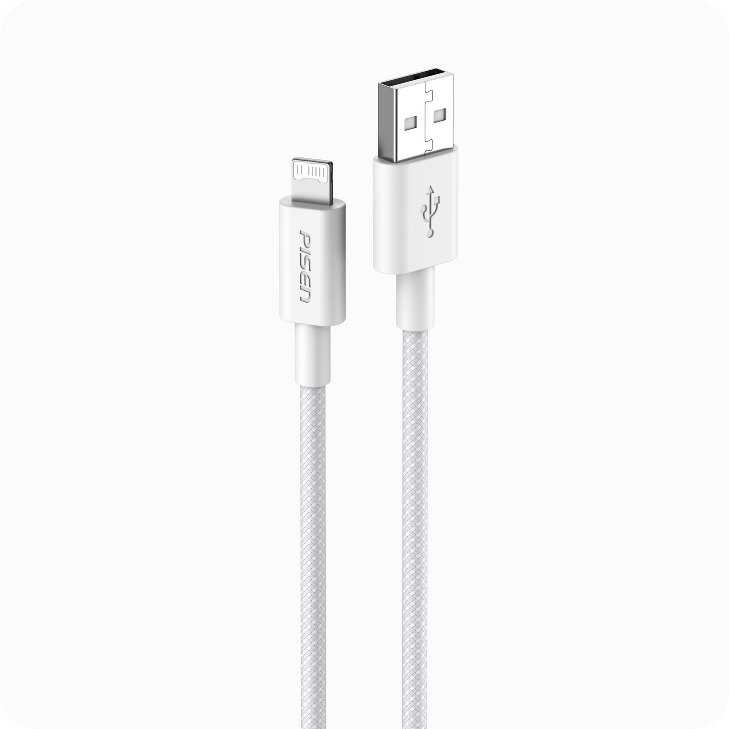 PISEN AL34 12W USB-A to Lightning braided iPhone cable in white, front view of both connectors