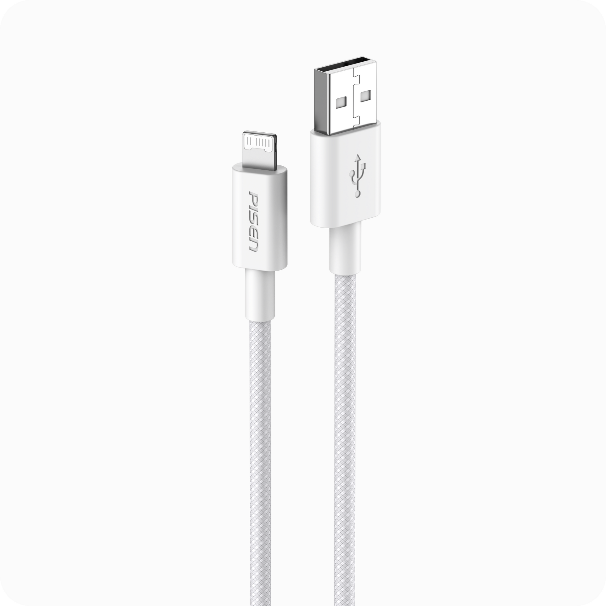 PISEN AL34 12W USB-A to Lightning braided iPhone cable in white, front view of both connectors