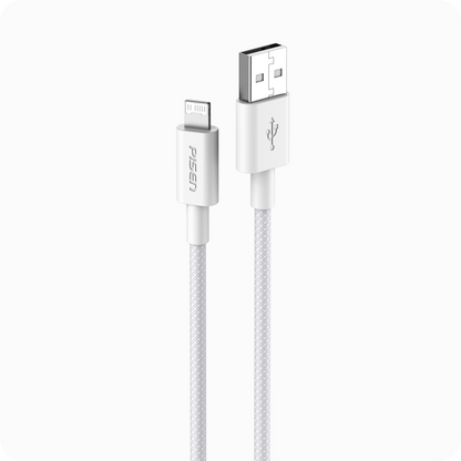 PISEN AL34 12W USB-A to Lightning braided iPhone cable in white, front view of both connectors