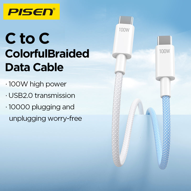 PISEN 100W USB-C to USB-C braided data cable in white and blue, infographic listing 100W power and USB 2.0