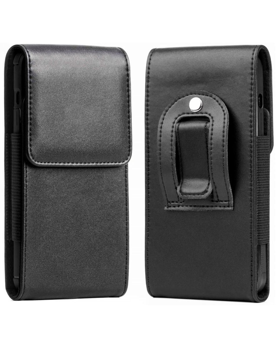 Black vertical belt clip phone pouch for phones up to 6.9 inches, front and back view