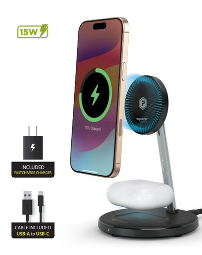 PowerPeak 2-in-1 Wireless MagCharge Station — 15W MagSafe Charging Stand for iPhone & AirPods Wireless Charger - Pro iPhone Repair