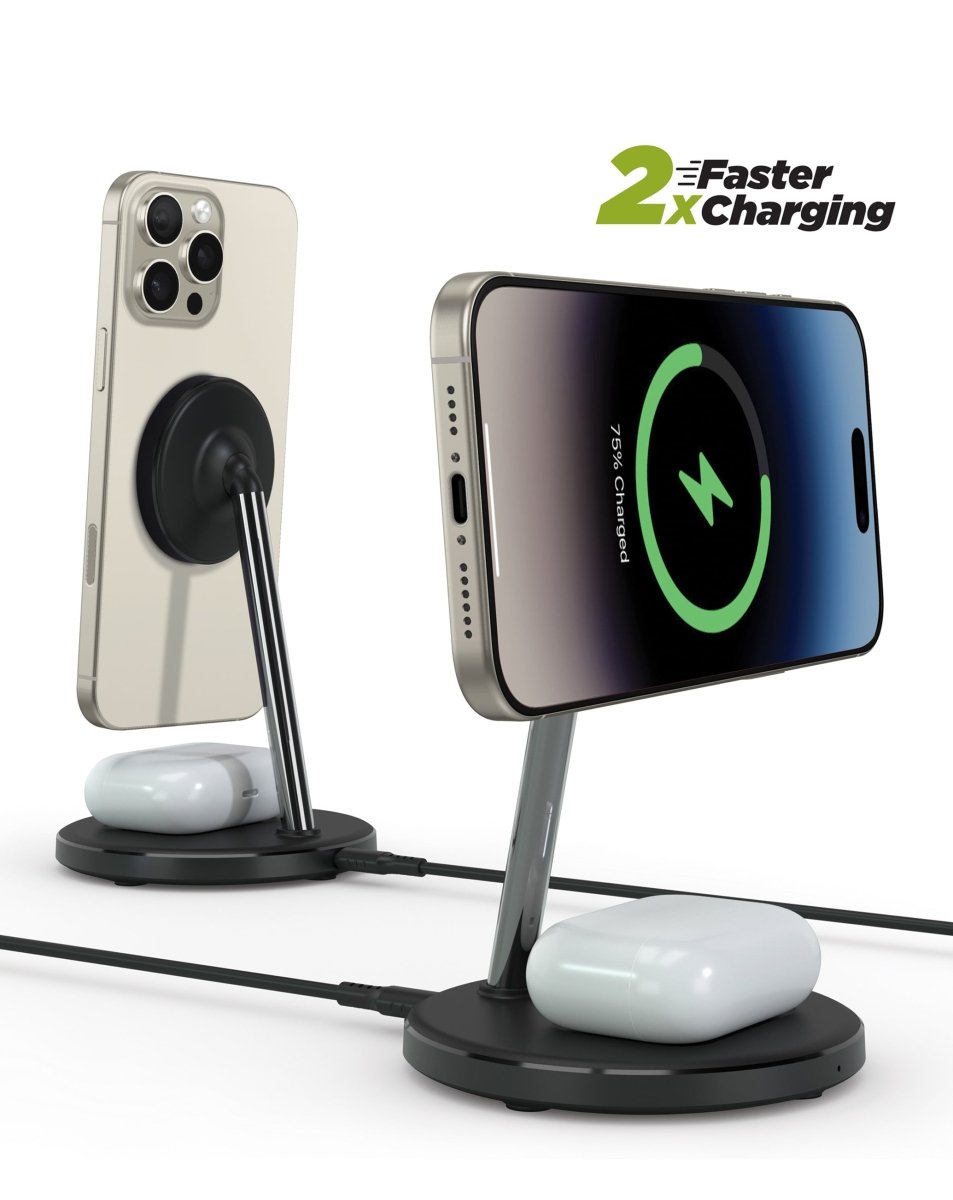 PowerPeak 2-in-1 Wireless MagCharge Station — 15W MagSafe Charging Stand for iPhone & AirPods Wireless Charger - Pro iPhone Repair