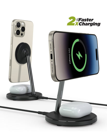 PowerPeak 2-in-1 Wireless MagCharge Station — 15W MagSafe Charging Stand for iPhone & AirPods Wireless Charger - Pro iPhone Repair