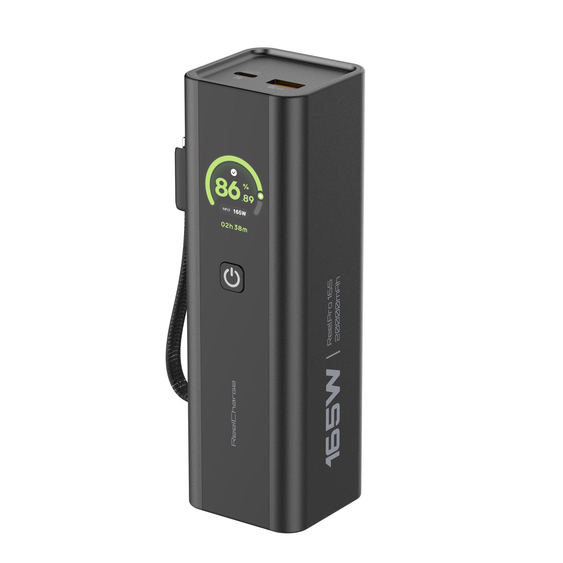 Angled front view of the black ReelPro 165W 20,000 mAh power bank showing the 165W marking