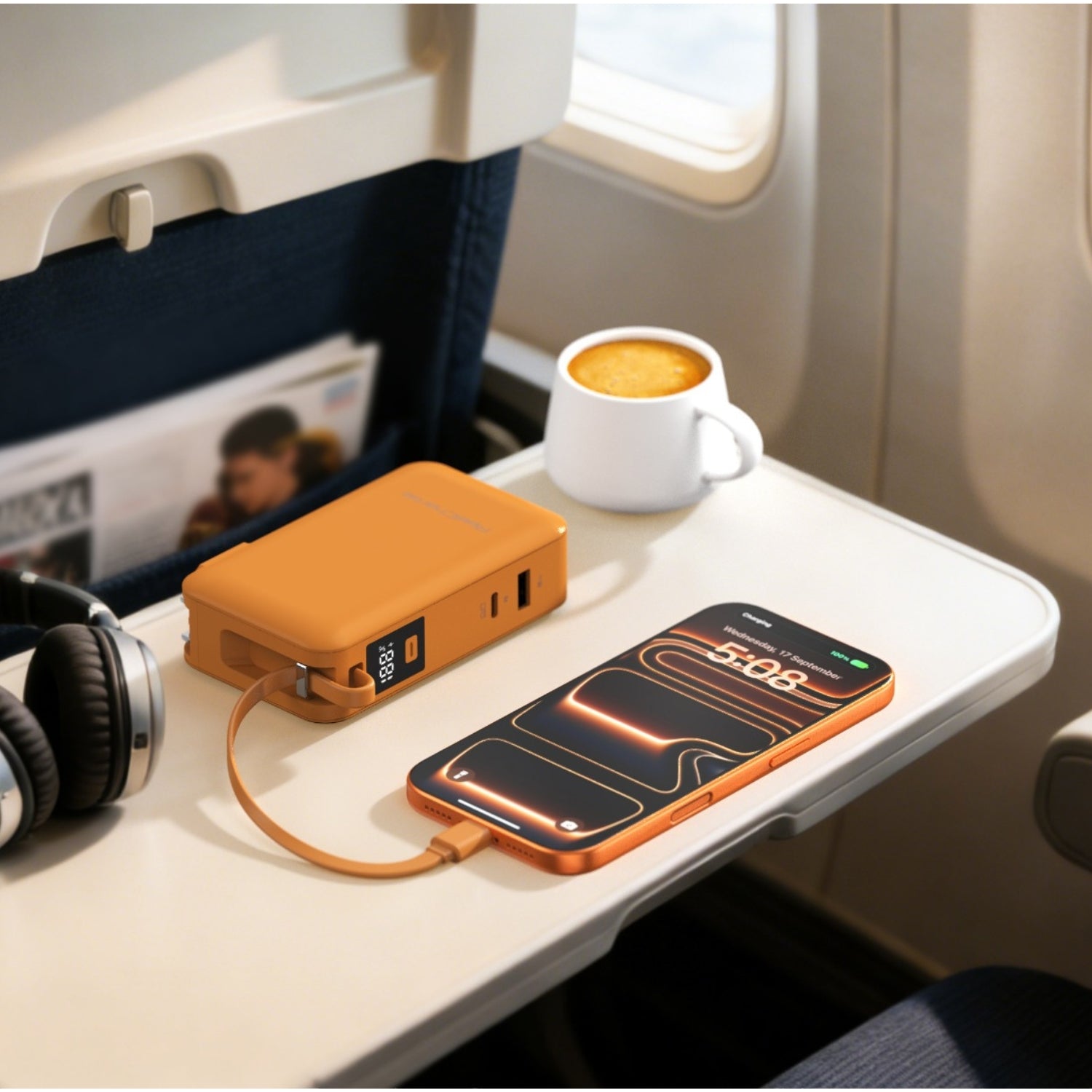 Orange ReelCharge Flex 65W power bank charging a phone on an airplane tray table