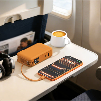 Orange ReelCharge Flex 65W power bank charging a phone on an airplane tray table