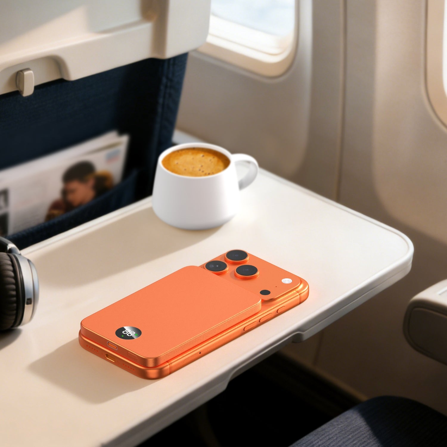 Orange ReelSafe power bank attached to a phone on an airplane tray table beside a coffee cup