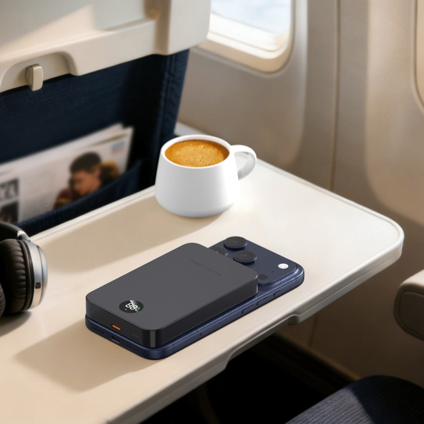 Gray ReelSafe power bank attached to a phone on an airplane tray table beside a coffee cup