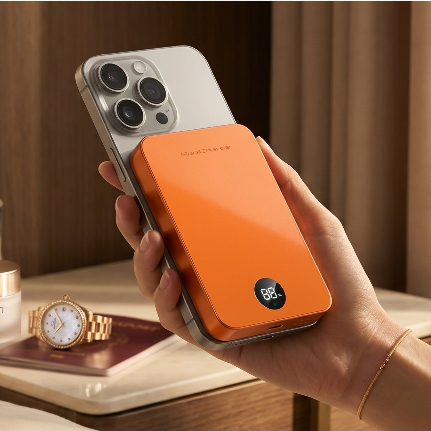 Hand holding an iPhone with the orange ReelSafe 10,000 mAh power bank magnetically attached to the back
