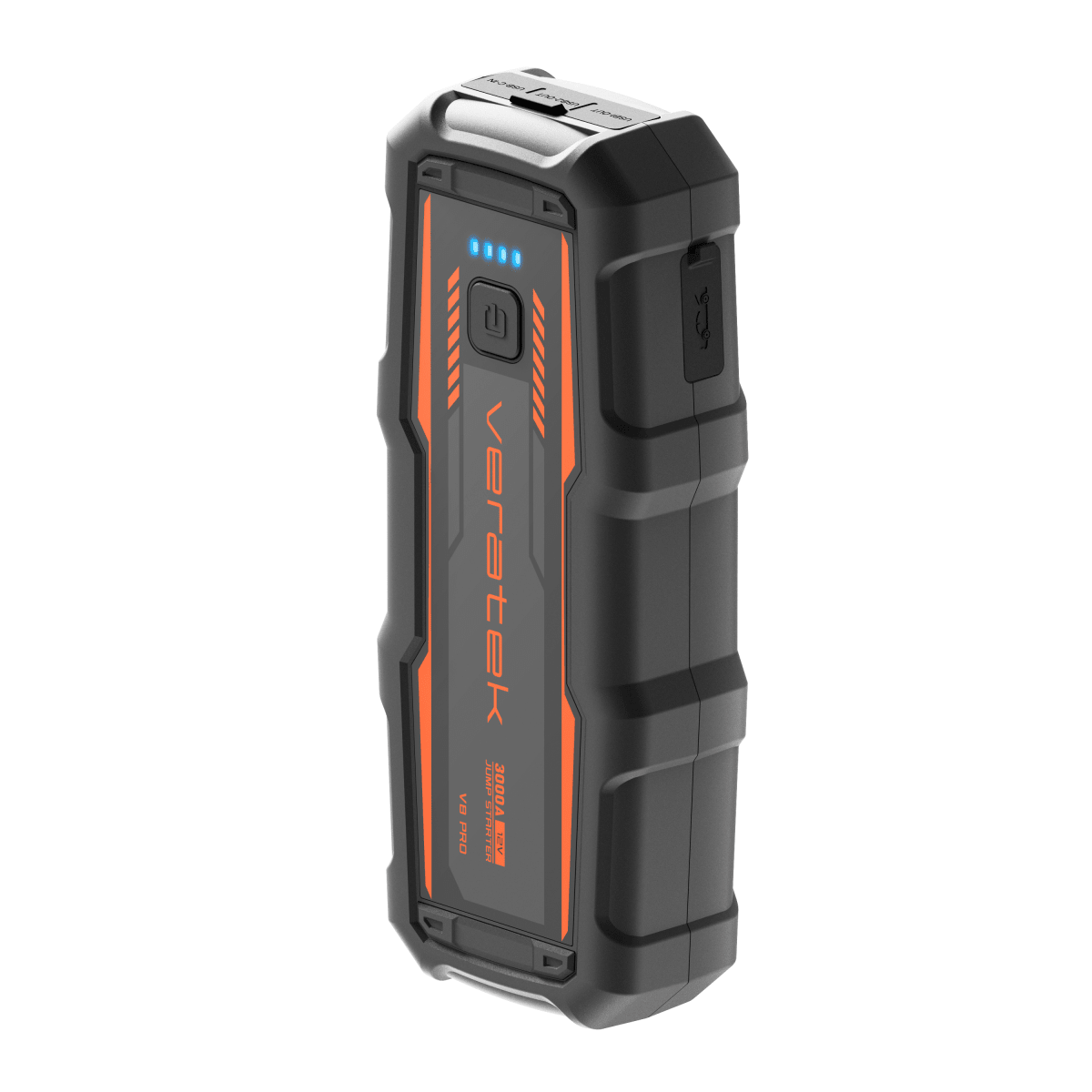Vehicle Jump Starter - V8 Engines - VT – angled view with battery indicator lights