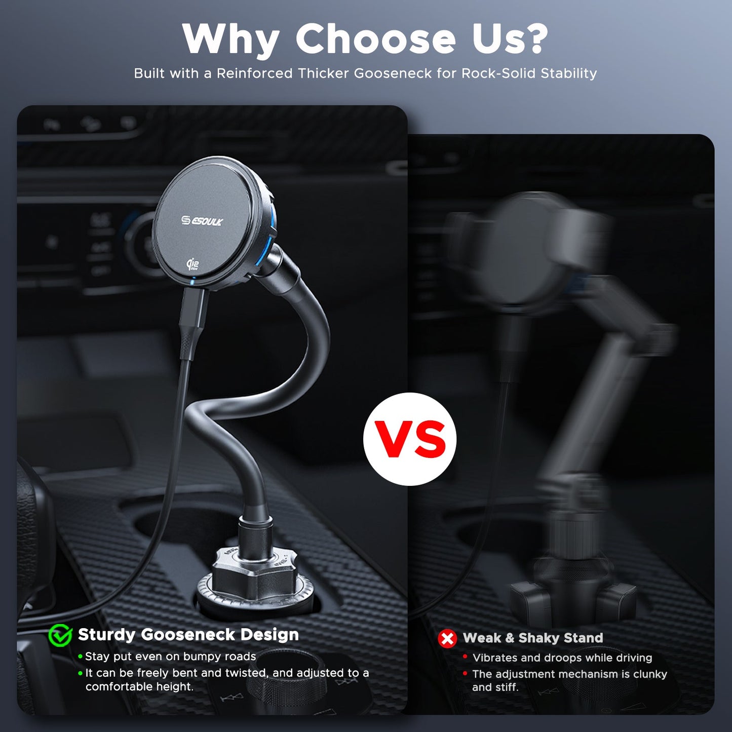 ESOULK 25W Qi2.2 magnetic wireless car charger with gooseneck cup holder mount – feature overview