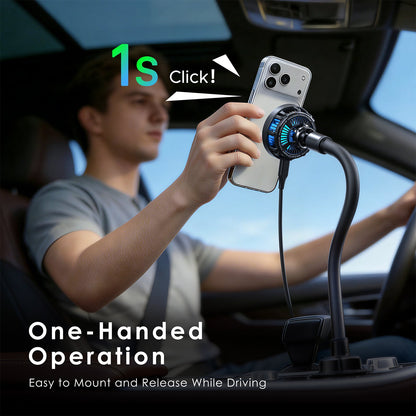 ESOULK 25W Qi2.2 magnetic wireless car charger with gooseneck cup holder mount – mounted in a car