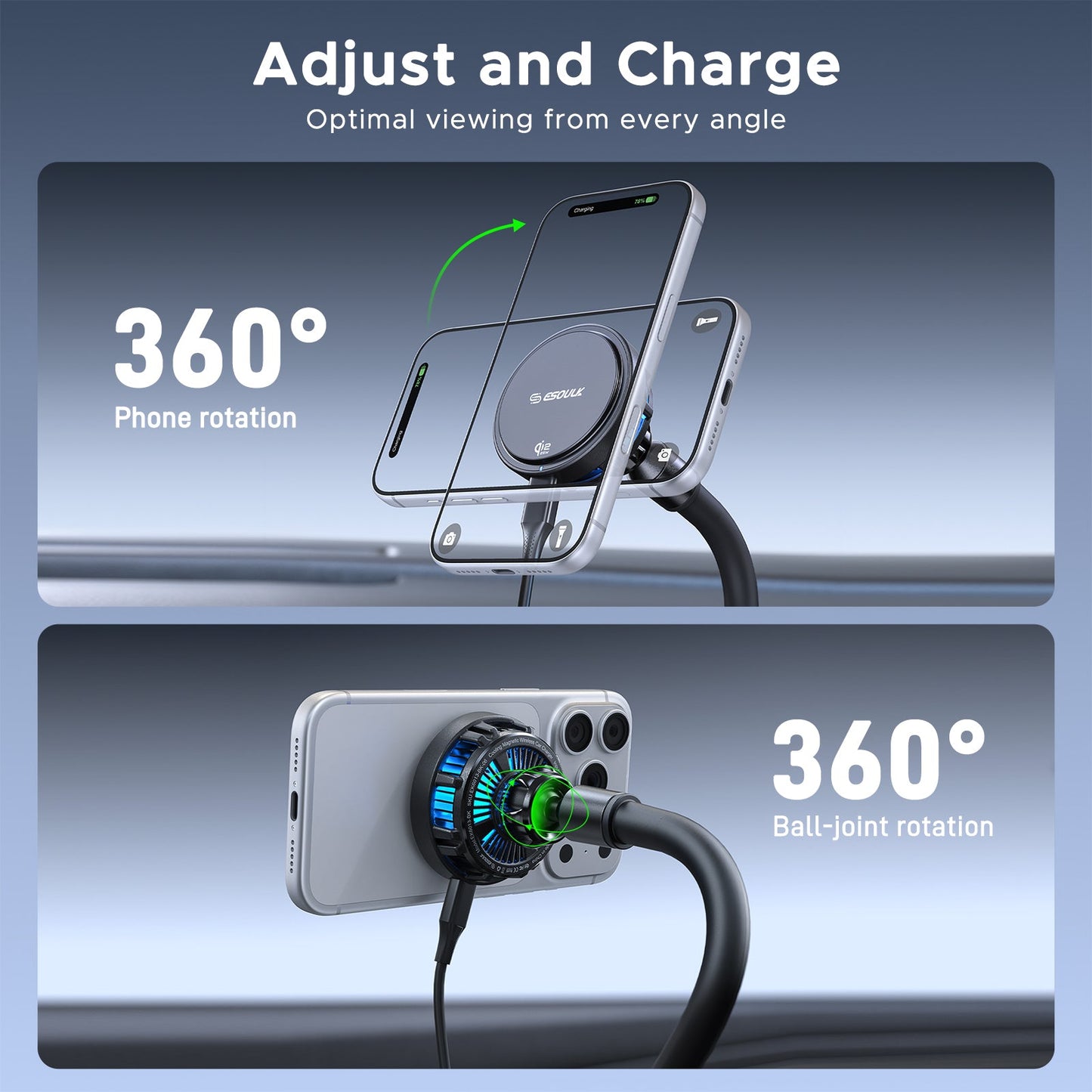 ESOULK 25W Qi2.2 magnetic wireless car charger with gooseneck cup holder mount – side profile view