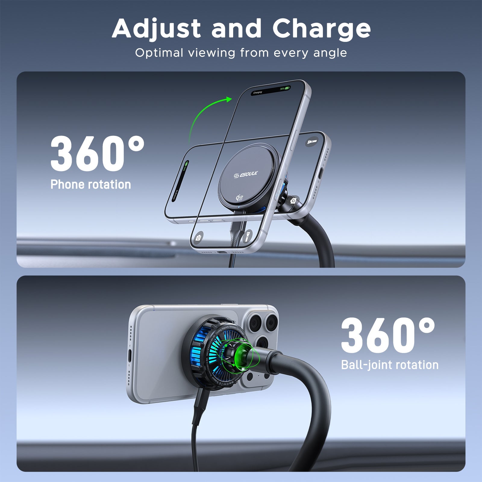ESOULK 25W Qi2.2 magnetic wireless car charger with gooseneck cup holder mount – side profile view